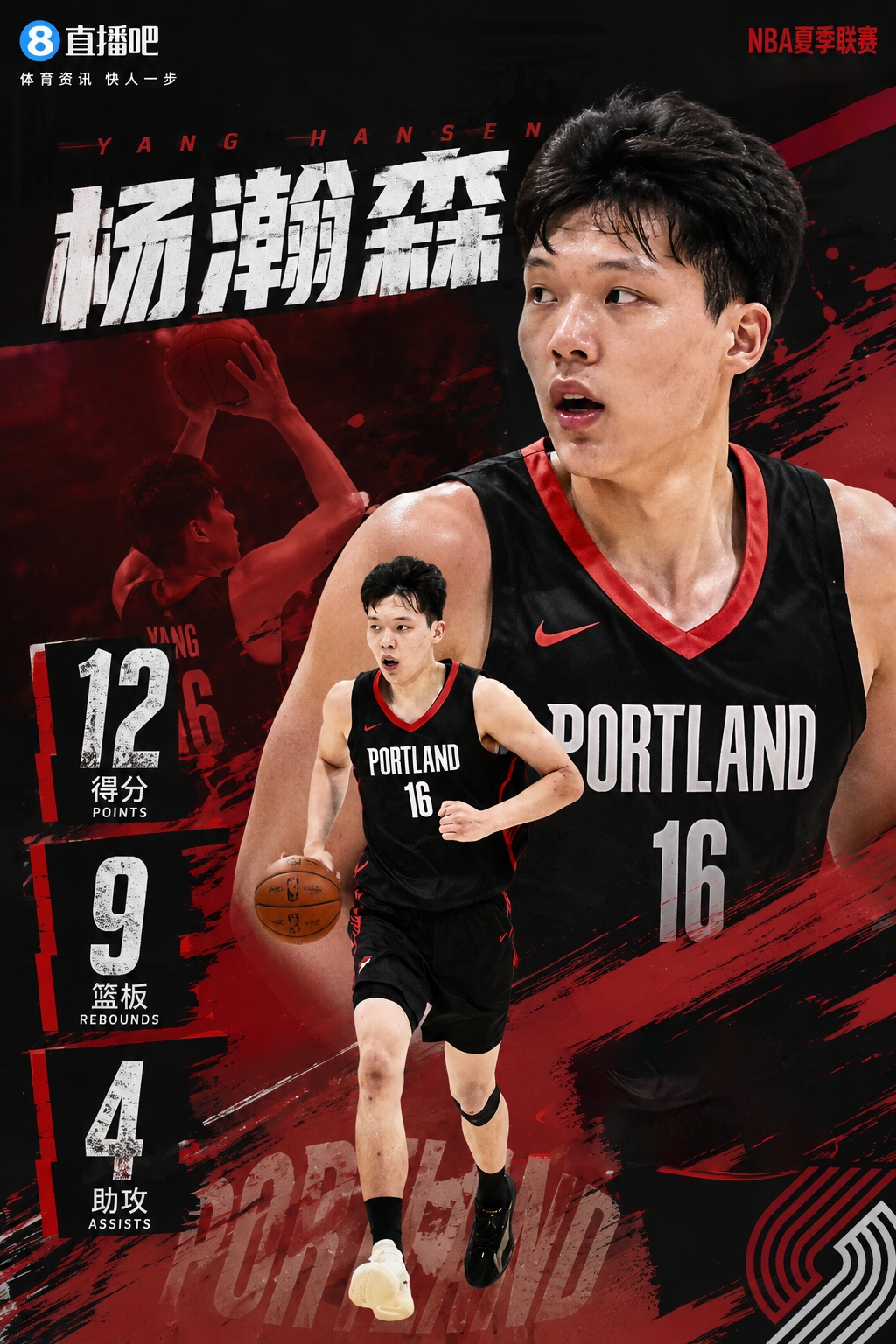 杨瀚森夏季联赛首秀12+9+4,开拓者2分惜败太阳
