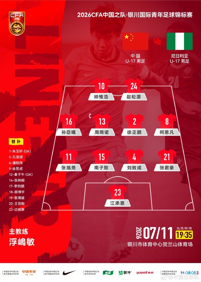 U17国足vs尼日利亚首发:依合散守门,艾比布拉突前