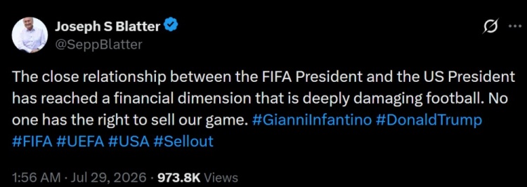布拉特炮轰因凡蒂诺：FIFA成立子公司估值200亿美元，称其出卖足球